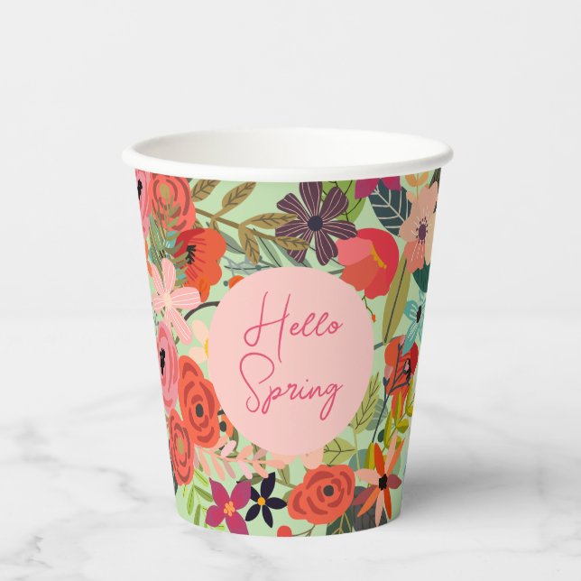 Bunte Frühlingsblumen Hallo Frühling personalisier Pappbecher (Vorderseite)
