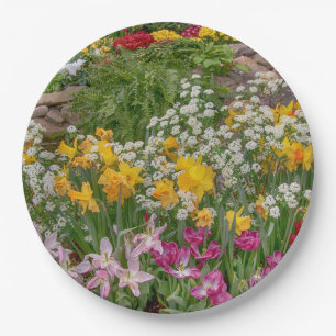 Bunte Frühlingsblumen in voller Blüte Pappteller