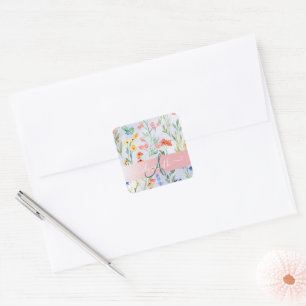 Bunte Frühlingswiesen-Blumenwiese-Monogramm Quadratischer Aufkleber