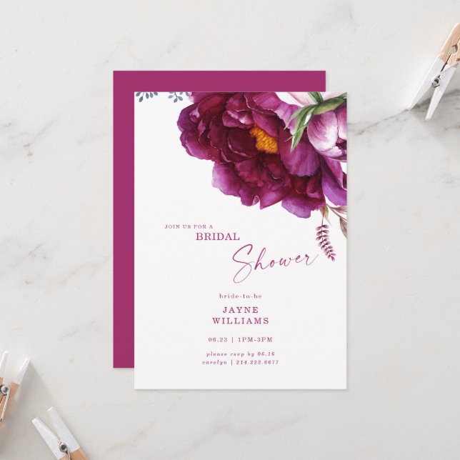 Bunte Fuchsia Floral Elegantes Brautparty Einladung (Vorderseite/Rückseite Beispiel)