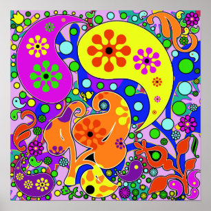 Bunte Funky Blumen-Retro Paisleyhippie-Plakat Poster