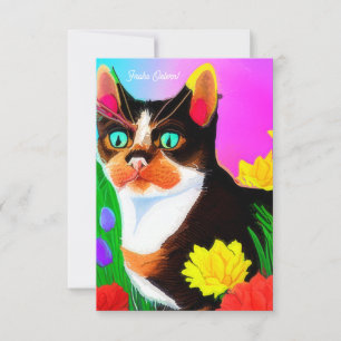 Bunte gemalte Katze und Blumen Ostern  Karte