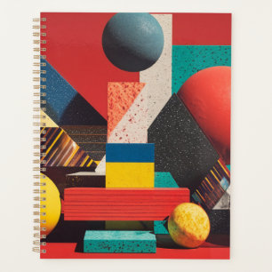 Bunte geometrische Formen auf rotem Hintergrund Planer