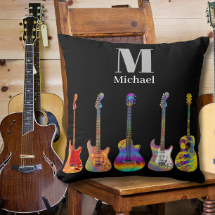 Bunte Gitarren Monogramm Schwarz Kissen