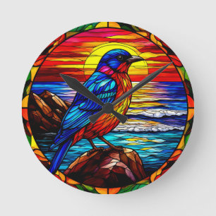 Bunte Glasmalerei-Darstellung eines Vogels Runde Wanduhr