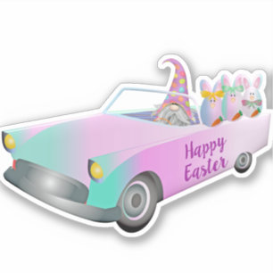 Bunte glückliche Osterfeier Gnome Car Bunnies Aufkleber
