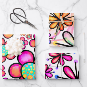 Bunte Groovy 70er Jahre Doodle Blumen Muster Geschenkpapier Set