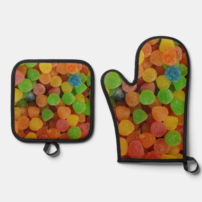 Bunte Gummibonbons Ofenhandschuh & Topflappen-Set (Vorderseite)