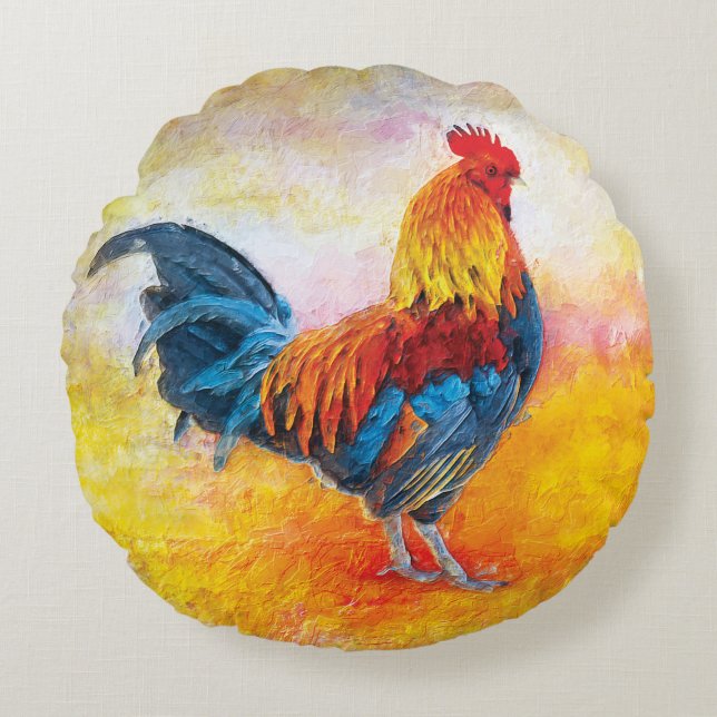 Bunte Hahn-Digital-Kunst-Malerei Rundes Kissen (Vorderseite)