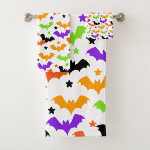 Bunte Halloween-Fledermäuse Duschvorhang Badhandtuch Set