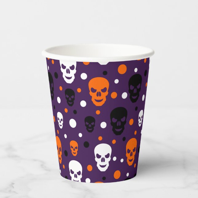 Bunte Halloween-Skulls Polka Dots Muster Pappbecher (Vorderseite)