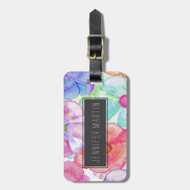 Bunte handgemalte Watercolor-Blumen Gepäckanhänger (Vorderseite vertikal)