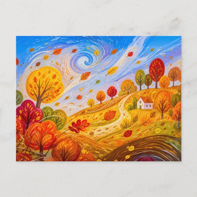 Bunte Herbstblätter wirbeln im Wind Postkarte (Vorderseite)