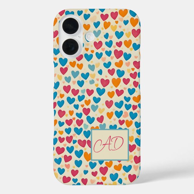 Bunte Herzen, Monogramm, glücklicher Tag, iPhone 16 Hülle (Rückseite)