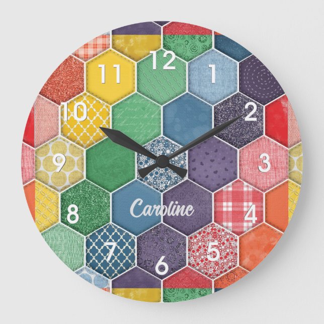 Bunte Hexagon- Quilt- Patch- Wanduhr (Vorderseite)
