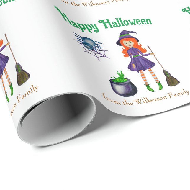 Bunte Hexe und Spider Individuelle Name Halloween Geschenkpapier (Rolleneckpunkt)