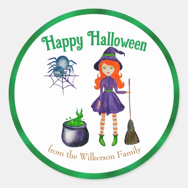 Bunte Hexe und Spider Individuelle Name Halloween Runder Aufkleber (Vorderseite)