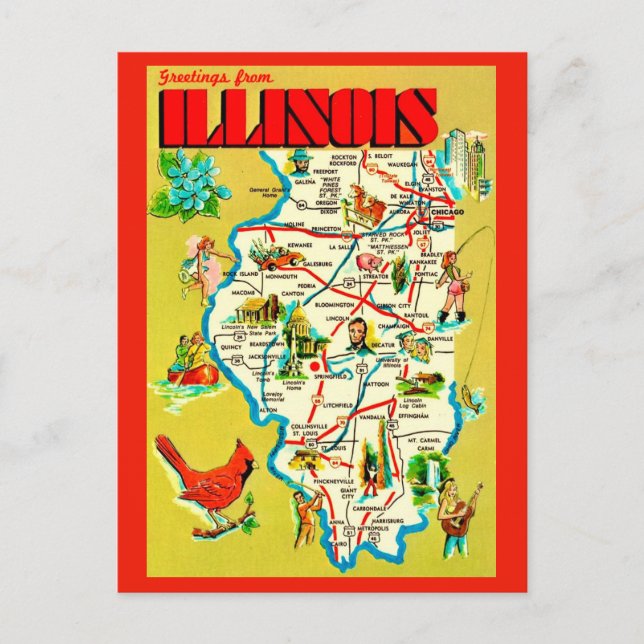 Bunte illustrierte Illinois-Karte Postkarte (Vorderseite)