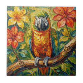 Bunte Impasto-Papagei und tropische Blume Fliese