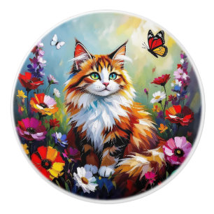 Bunte Impasto-Volkskunstkatze Keramikknauf