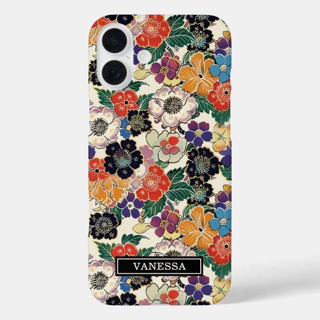 Bunte japanische Blumen monogrammiert iPhone 16 Plus Hülle (Rückseite)