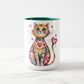 Bunte Kaffeetasse mit Design von Katze und Herzen