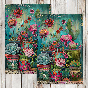 BUNTE KAKTUS UND SUCCULENTEN DEKOUPAGE SEIDENPAPIER