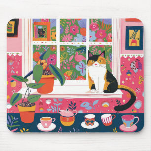 Bunte Katze auf Fensterbank Pop Art Mousepad