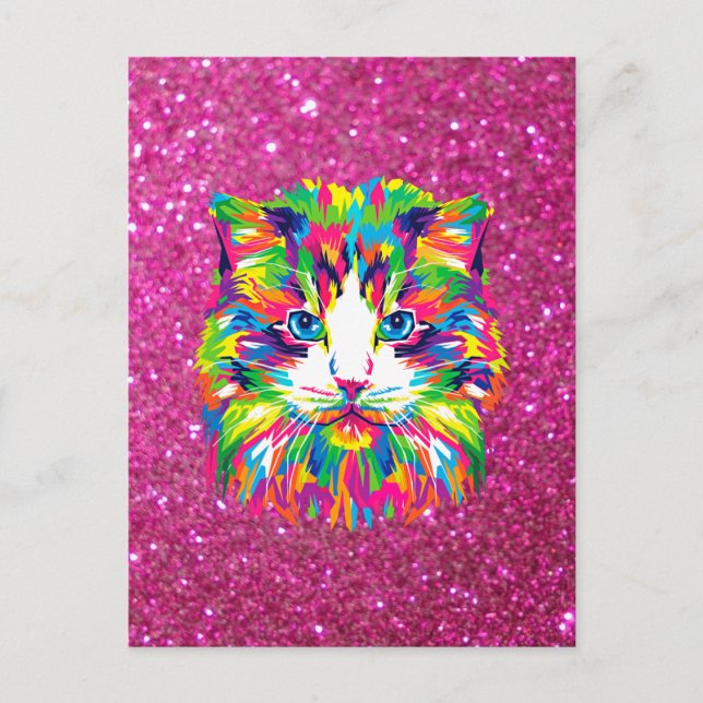 Bunte Katze auf funkelndem Hintergrund Postkarte (Vorderseite)