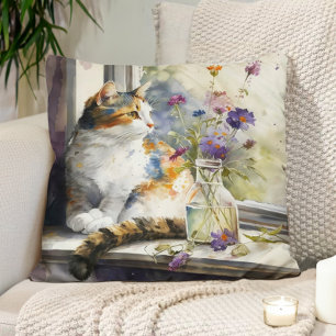 Bunte Katze lila Blumen Fenster Sonnenlicht  Kissen