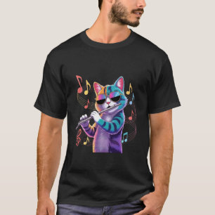 Bunte Katze mit Sonnenbrille spielt Flöte Katze  T-Shirt
