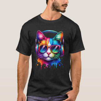 Bunte Katze, Regenbogen Kätzchen, Kopfhörer, Katze T-Shirt