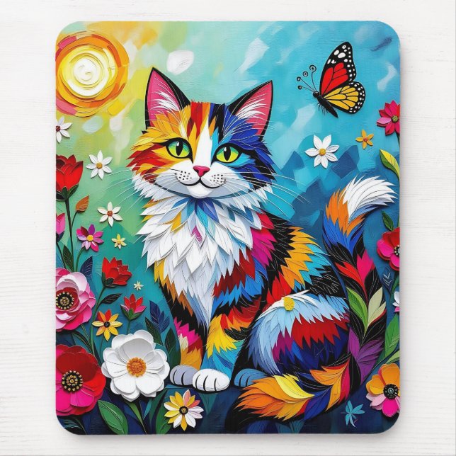 Bunte Katze und Schmetterling Mousepad (Vorne)