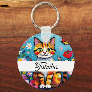Bunte Katze und Schmetterling Personalisiert Schlüsselanhänger