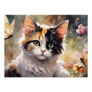 Bunte Katze und Schmetterlinge im Frühlingsgarten Poster