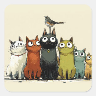 Bunte Katzen Gruppe – Süße Whimsical Katzen Kunst Quadratischer Aufkleber
