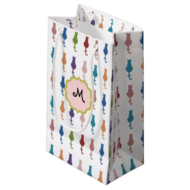 Bunte Katzen-Monogramm-Geschenk-Tasche Kleine Geschenktüte (Vorderseite Schrägansicht)