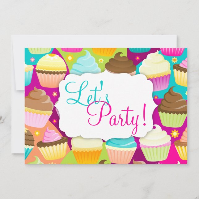 Bunte kleine Kuchen "ließen uns Party " Einladung (Vorderseite)