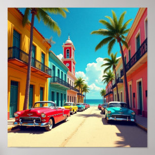 Bunte kubanische Straße mit klassischen Autos Poster