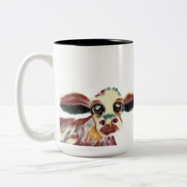 Bunte Kuh mit riesigen gefühlvollen Augen Zweifarbige Tasse (Links)