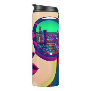 Bunte Kunst Frau in Sonnenbrille Stadtreflexion  Thermosbecher