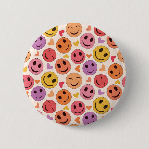 Bunte lächelnde glückliche Gesichter mit Herzen   Button