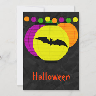 Bunte Laternen & schwarze Fledermaus Halloween Einladung