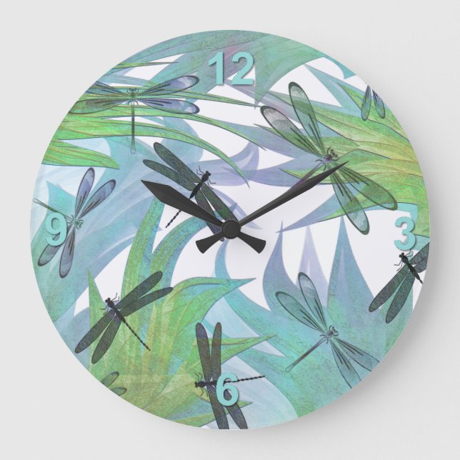 Bunte Libellen im Laub abstrakt Große Wanduhr (Vorderseite)