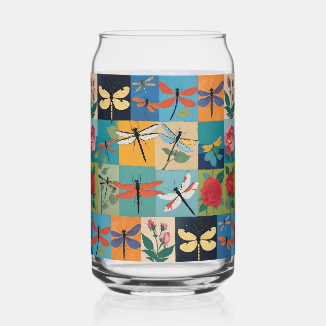 Bunte Libellen und Rosen Patchwork Dosenglas (Vorderseite)