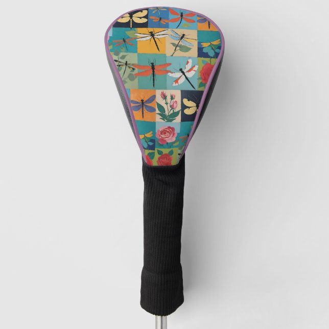 Bunte Libellen und Rosen Patchwork Golf Headcover (Vorderseite)