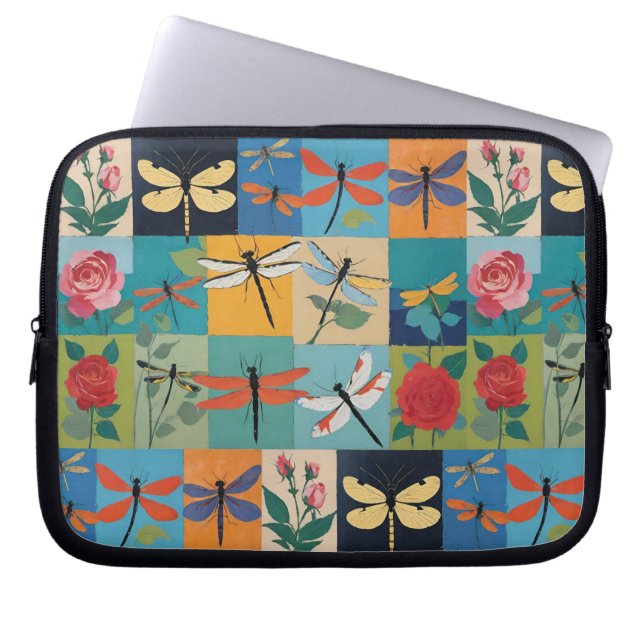 Bunte Libellen und Rosen Patchwork Laptopschutzhülle (Vorderseite)