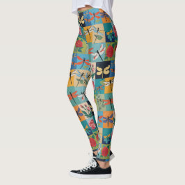 Bunte Libellen und Rosen Patchwork Leggings