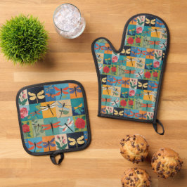 Bunte Libellen und Rosen Patchwork Ofenhandschuh & Topflappen-Set