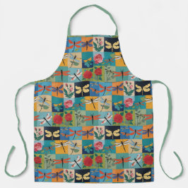 Bunte Libellen und Rosen Patchwork Schürze